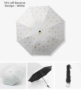 Detail view of reverse folding umbrella with gold clover pattern and Lucky text