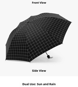 Detail view of foldable umbrella with black and white grid pattern for sun and rain