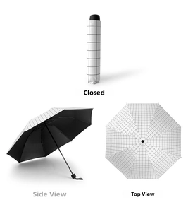 Three views of a striped black and white foldable umbrella showing storage and open modes