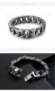 Detailed view of punk stainless steel skull bracelet with technical size specifications