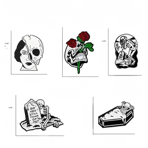 Detailed size chart of five gothic punk enamel pins with skull and coffin designs