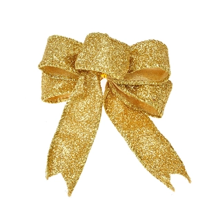 10cm golden glitter Christmas bow ornament for festive tree and holiday decorations