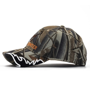 Camo baseball cap with orange Hunter embroidery and deer antlers for outdoor hunting