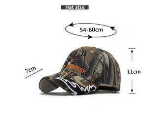 Detail view of camouflage baseball cap with hunter embroidery and size dimensions
