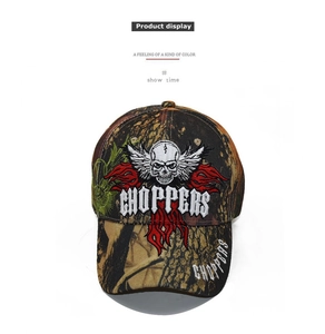 Detail of camouflage baseball cap with skull embroidery and white Choppers lettering