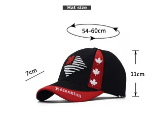 Detailed size chart for the embroidered baseball cap with precise measurements in cm