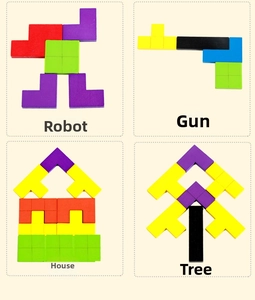 Educational wooden block set showing creative builds like a robot, house, tree, and gun shape