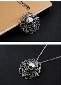 Detailed view of silver stainless steel skull pendant on a black textured background