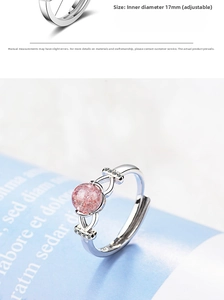 Detail view of pink strawberry quartz ring with 17mm adjustable silver band