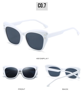 Detailed views of white cat-eye sunglasses with silver rivets and dark grey lenses