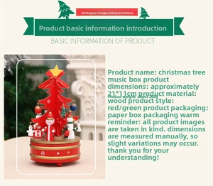 Detailed view of red wooden Christmas tree music box with snowman charms, size 21x11cm