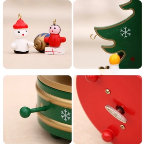 Detailed views of wooden Christmas music box showing painted dolls and metal hooks