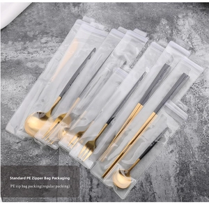 Detail view of 304 stainless steel gold and grey cutlery set in separate PE zip bags