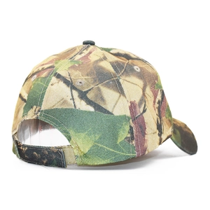 Rear view of camouflage baseball cap featuring a six-panel design and adjustable velcro strap