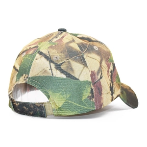 Detail of adjustable velcro strap on camo baseball cap with high quality stitching