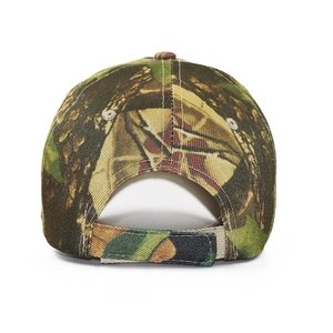 Rear view of camouflage baseball cap with adjustable hook and loop closure detail