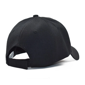 Rear view of black cotton baseball cap with adjustable strap and breathable eyelets