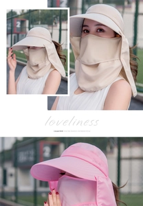 Dettaglio cappello parasole staccabile con tesa larga, maschera e protezione nuca