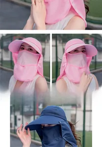 Dettaglio cappello parasole rosa con tesa larga, maschera facciale e protezione collo