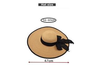 Detailed size chart for wide brim straw sun hat with 47cm diameter and black mesh ribbon