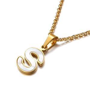 Golden stainless steel letter S necklace with mother of pearl shell pendant for women