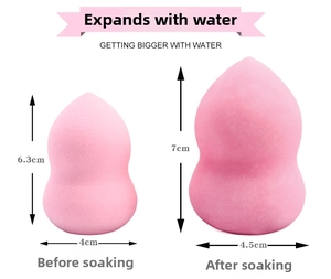 Comparison of makeup sponge size showing expansion from dry to wet state after soaking