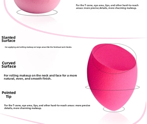 Pink makeup sponge detail showing pointed tip, flat edge and curved sides for precise blending