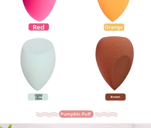 Detailed grid view showing multi-colored makeup sponges in teardrop shapes with side cuts