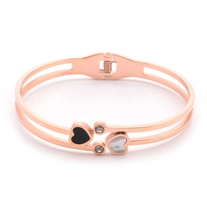 Double Heart Bangle Bracelet Rose Gold Plated Titanium Steel Mother Of Artificial Pearl Shell Rhinestone Minimalist For Women