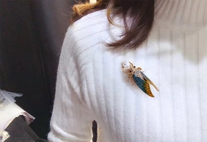 Detailed shot of cicada brooch with blue-green wings on a white sweater