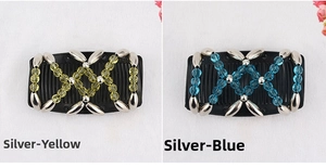 Detail of silver-yellow and silver-blue magic hair combs with elastic beaded strings