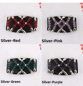 Detail of beaded magic hair combs in silver with red, pink, green, and purple bead colors
