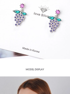 Detail view of purple grape cluster earrings with leaf design and model display