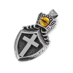 Silver shield pendant with cross and yellow evil eye gemstone for men's necklace