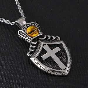 Men's retro shield pendant necklace with silver steel cross and yellow evil eye inlay