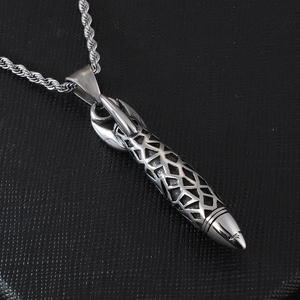 Vintage silver stainless steel rocket bullet pendant necklace for men with geometric engraving