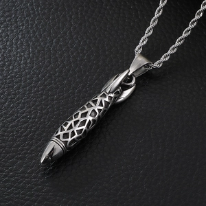 Vintage stainless steel rocket pendant necklace with hollow geometric patterns