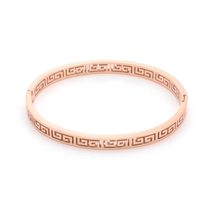 Rose gold stainless steel open bangle featuring classic Greek meander hollow pattern