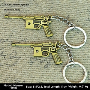 Detailed view of two bronze Mauser pistol keychains with dimensions 5.5 by 2.5 cm