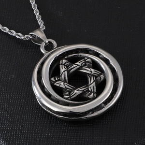 Vintage stainless steel hexagram pendant with swirl frame on twisted rope chain