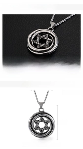 Macro detail of hexagonal star pendant in stainless steel showing size and 34g weight