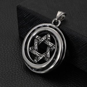 Vintage punk hexagram star pendant in polished stainless steel for men on black display