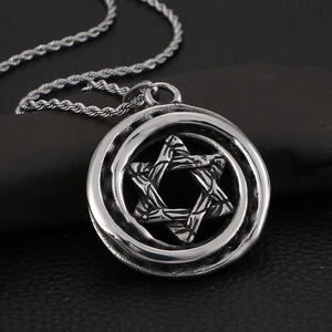 Vintage punk hexagram star pendant in titanium steel with polished silver-tone finish