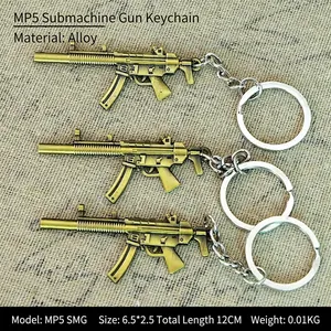 Three alloy machine gun model keychains arranged on a rustic burlap texture background