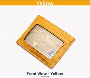 Detail of yellow pebble leather card holder with RFID blocking and clear ID window