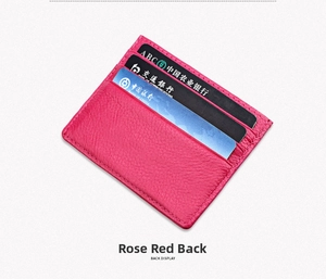 Detailed back view of rose red RFID leather card holder with three vertical slots
