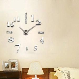 Detailed view of silver DIY 3D mirror wall clock with Arabic numerals and English text