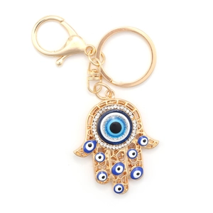 Detail of Hamsa Hand keychain with blue evil eye charms and sparkling rhinestones