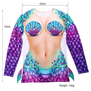 Detail of mermaid shell print on long-sleeve T-shirt showing 70cm by 42cm dimensions