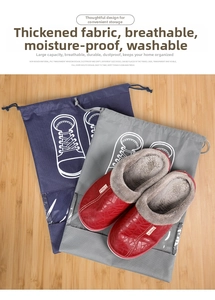 Detail of drawstring shoe storage bag with transparent PVC window and non-woven fabric